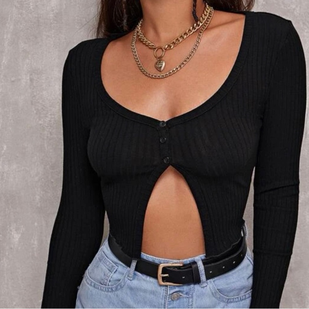 Ribbed Partial Button Front Tee